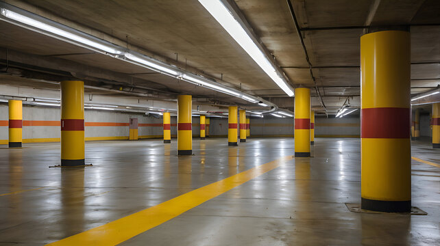 Empty underground parking garage. Interior shot shows concrete floor, walls. Columns with yellow