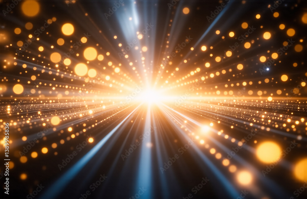 Aufkleber A radiant light source explodes with golden rays and bokeh circles in a dark, abstract space, creating a dynamic, energetic, and visually stunning effect.