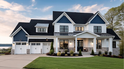 Modern farmhouse illuminating under the sunset glow, featuring a welcoming porch and a three-car garage