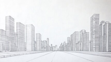 Fototapeta premium Urban Skyline Architectural Sketch, Cityscape Perspective, Empty Road, Design Concept, Illustrations, Business, Architectural Drawing, Digital Art, Background