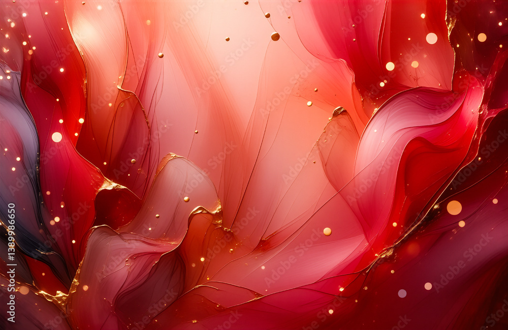 Poster elegant abstract artwork featuring flowing shades of red and pink, beautifully accented with sparkli