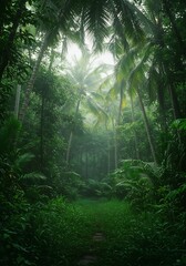 Fototapeta premium 深緑の熱帯雨林、神秘的な光が差し込む道