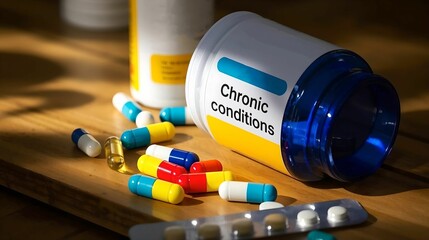 The colorful pills scattered from the spilled medicine bottle represent the reality of chronic disease medication, medication management, and daily patient care.