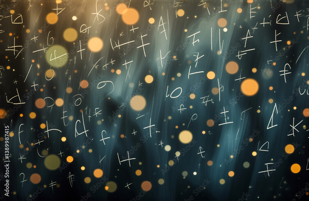 Poster abstract dark background with defocused golden bokeh lights and scattered white mysterious symbols. 