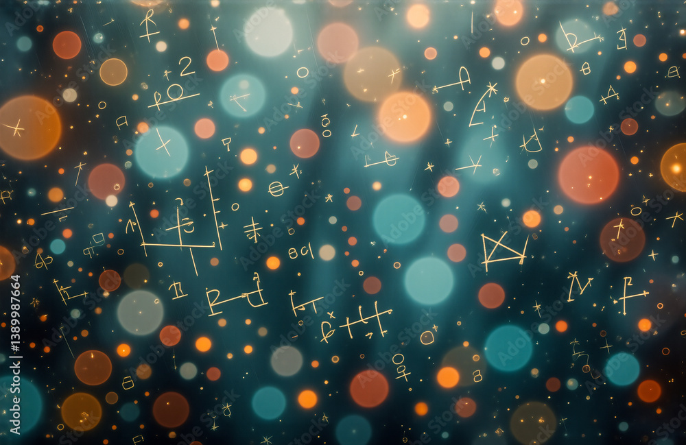 Poster Bokeh circles of blue, orange, and white illuminate a dark backdrop. Faint geometric shapes and math symbols add subtle complexity.