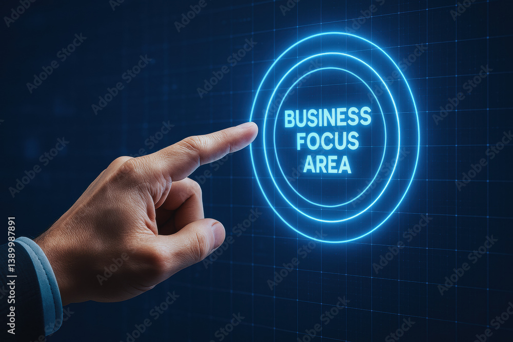 Poster a closeup view a hand pointing at a glowing holographic target labeled 'business focus area' illustr