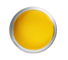 Can of yellow paint isolated on white, top view