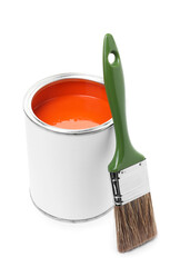 Can of orange paint and brush isolated on white