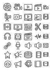 Collection of Video and Film Icons: A detailed set of diverse cinematic tools and symbols meticulously designed for digital presentations.