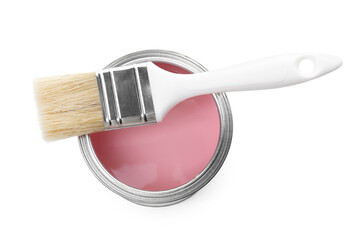 Can of pink paint and brush isolated on white, top view