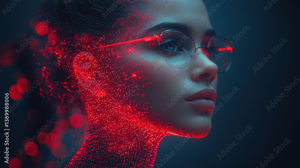Poster human silhouette engaging with brain-computer interface amid digital protection layers and biometric