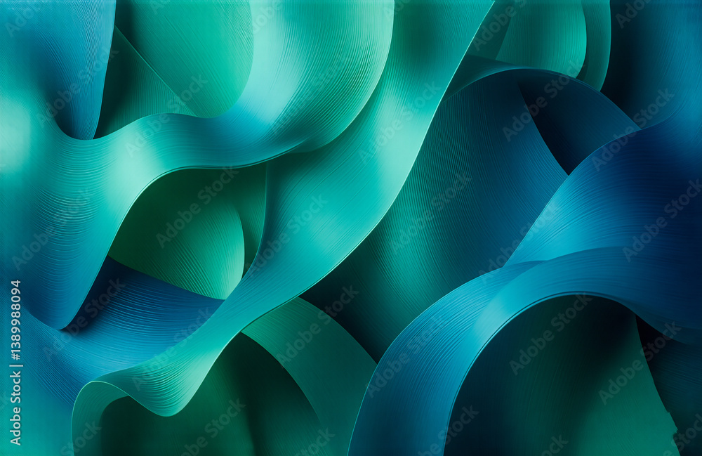 Poster abstract image featuring smooth, flowing ribbons in shades of teal, turquoise, and deep blue. the wa