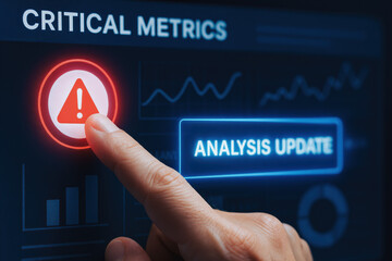 A hand taps on an alert icon on a business dashboard labeled as critical metrics highlighting the urgency an analysis update