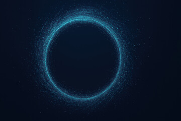 Fototapeta premium A mesmerizing display floating data particles swirling elegantly around a hollow digital ring set against a deep navy background offering ample space for text and branding