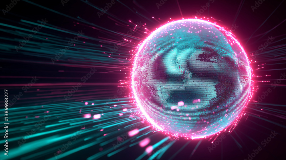 Poster Light streaks flowing from a rotating digital planet earth, visualizing global communication and big data
