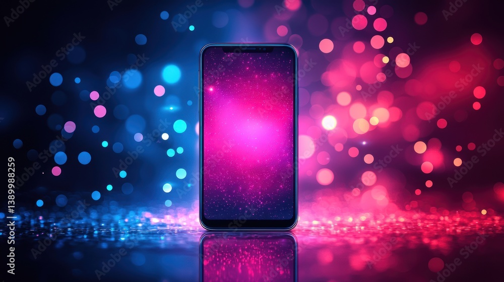 Poster modern smartphone displaying nebula on a blurred, bokeh lighted, glossy surface