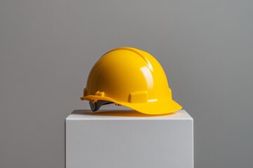 Bright Yellow Hard Hat on Display Against a Simple Grey Background for Construction Safety Awareness