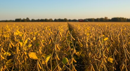 Golden hour at the soybean field, showcasing rows of mature soybeans