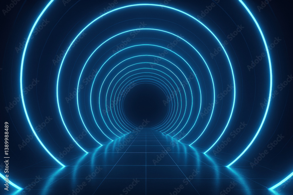Poster this futuristic digital tunnel effect features glowing blue rings that narrow into a central void cr