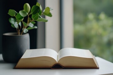 Open Book on Table with Green Plant and Window View Captured in Soft Natural Light