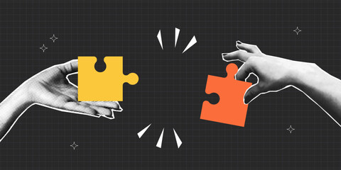 Halftone hands connect the pieces of jigsaw puzzle. Collage design of  teamwork with puzzle pieces and two halftone hand. Partnership and relationship concept. Vector.