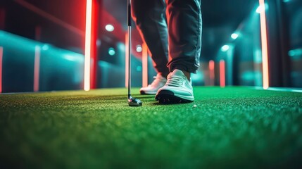 Person plays golf in modern indoor mini putting green. Person focuses on precise shot. Modern facility with good lighting. Person wears sports attire. Indoor recreational activity.