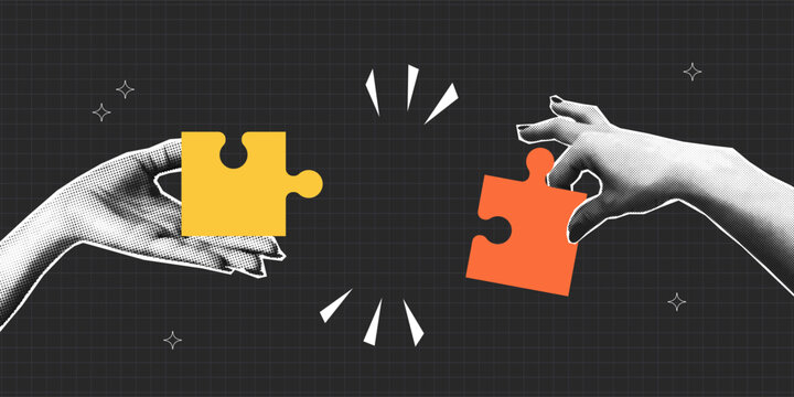 Halftone hands connect the pieces of jigsaw puzzle. Collage design of  teamwork with puzzle pieces and two halftone hand. Partnership and relationship concept. Vector.