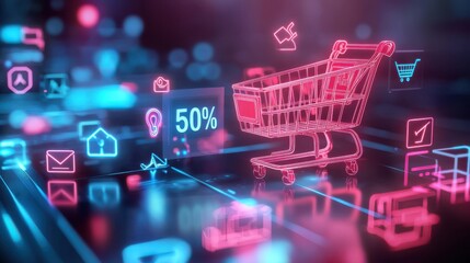 A vibrant neon lit digital landscape featuring a 3D shopping cart icon and various retail related symbols representing the modern tech driven world of e commerce and online shopping
