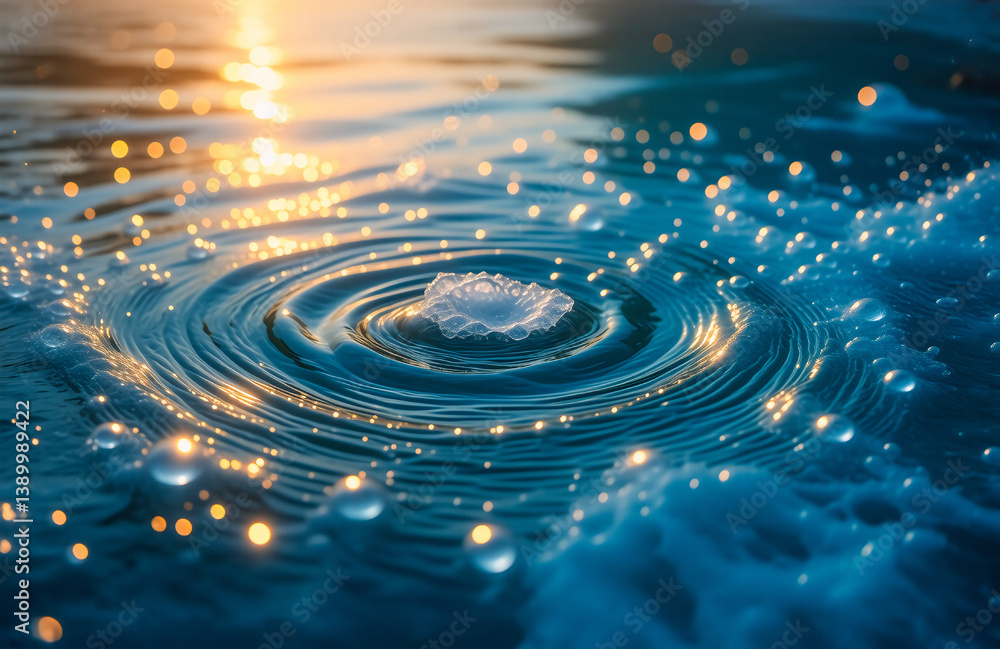 Aufkleber Golden sunlight reflects on swirling water, creating ripples and a mesmerizing circular motion on the surface of the tranquil blue liquid.
