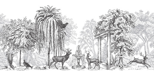 Toile park with deer animal, grouse bird, willow, tree, fountain, column seamless border. Classic landscape mural.  © good_mood