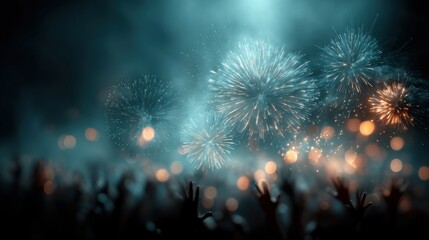 Crowd celebrating under blue-tinted fireworks with glowing bokeh lights and raised hands ideal for concert visuals and Independence Day celebration campaigns