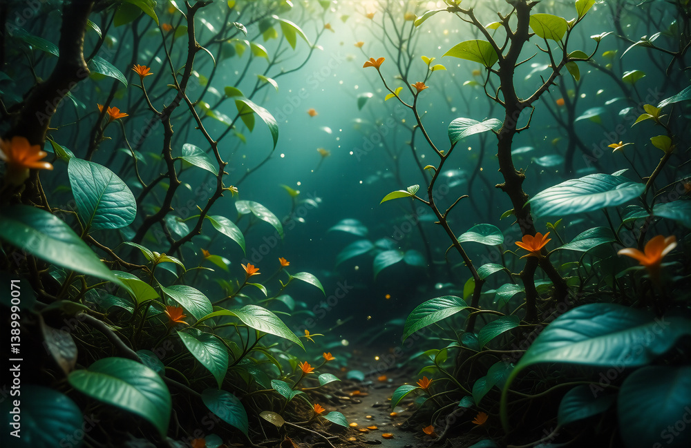 Poster sunlight streams through dense green foliage in a lush forest, illuminating scattered leaves and sma