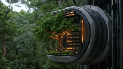 A futuristic tree growing from a high-tech device, blending nature with technology in a lush green environment.