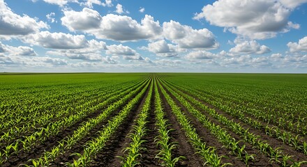 Vibrant green cornfield stretching to the horizon beneath a summer sky