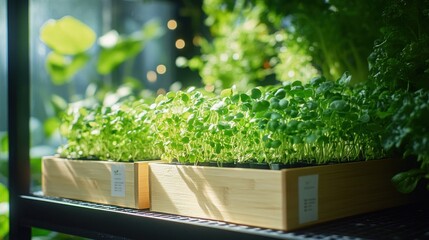 Freshly grown microgreens in wooden boxes, bathed in sunlight