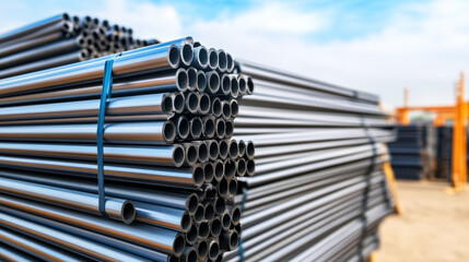 Aluminum profiles securely tied together on scaffold rack with a clean background in a minimalist style