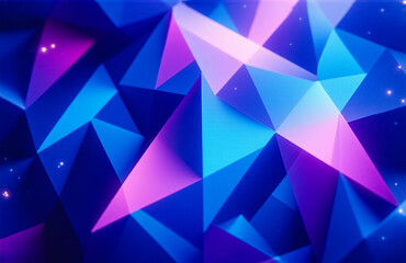 Abstract geometric background with blue and pink triangles creating a dimensional, polygonal design. Sparkling particles add magic to the vibrant artwork.