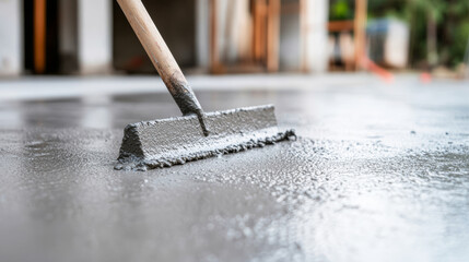 Concrete leveling process using a screed tool on a smooth surface in a minimalist setting with high clarity detail
