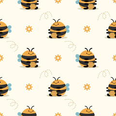 Bee sit cartoon so cute. On honeycomb flower background. Pattern seamless vector illustration. 