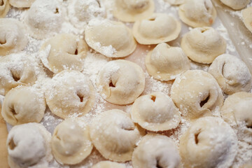 Close-up of traditional homemade dumplings sprinkled with flour, arranged on a kitchen surface ready for cooking.
