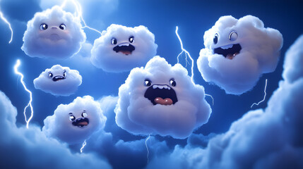 of clouds making funny faces while playing with lightning bolts 