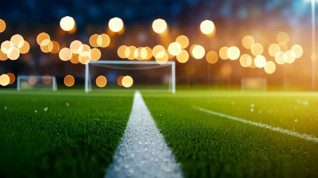 Wet football field sideline closeup lighting, blurred stadium for highlighting glistening grass and dramatic sporting environment copy space with text video 4k