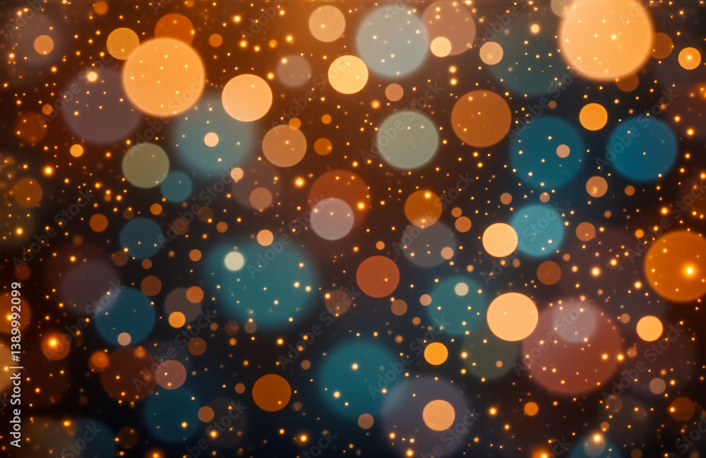 Poster Blurred lights create a dreamy, abstract background. Orange and blue bokeh circles overlap in a soft, glowing effect.  The image evokes a festive and magical atmosphere.