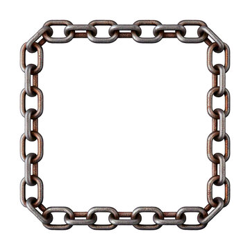 A chain is shown in a square frame. The chain is rusty and old. The frame is white