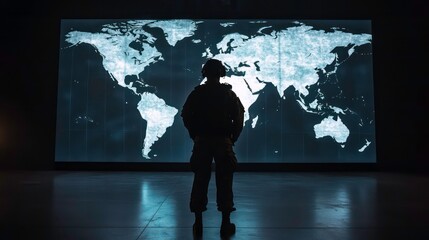 A soldier in uniform stands in front of a large screen displaying a world map in a dark room.