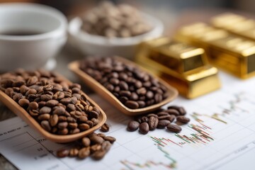 Fototapeta premium cocoa seeds, coffee beans and gold bars with financial charts overlay in the background, symbol of prices rising