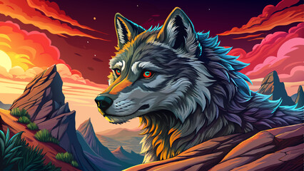 Fototapeta premium wolf portrait on an alien rock formation under a strange colored sky, banner