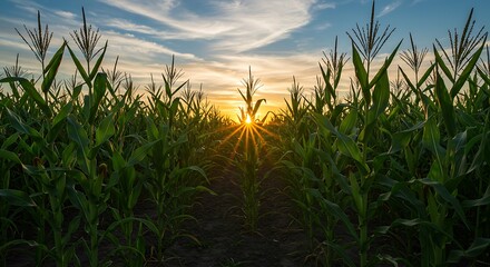 Fototapeta premium Sunset over a vast cornfield, agriculture landscape, vibrant farmland scenery
