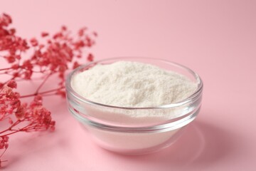 Collagen powder in bowl and gypsophila branches on pink background, closeup
