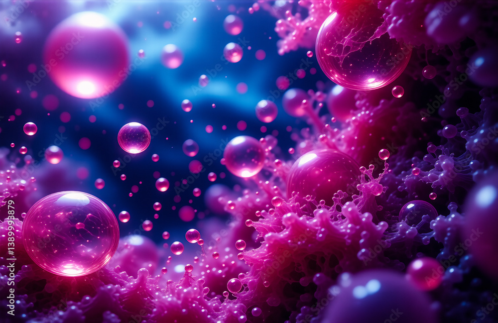 Aufkleber pink bubbles float in a dreamy purple and blue space. reflective spheres create an ethereal and text
